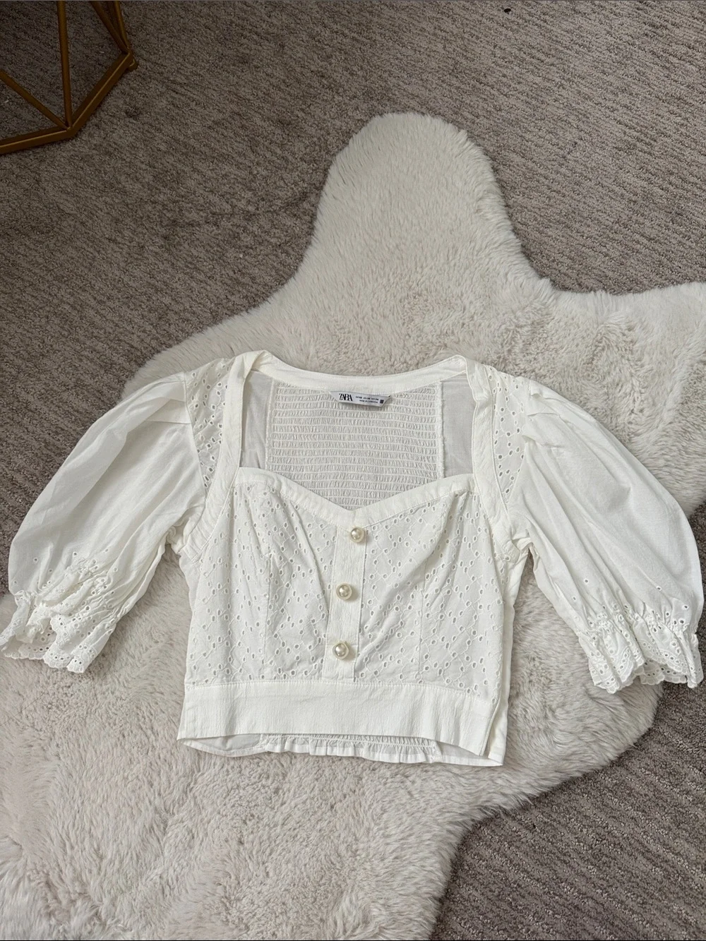 Zara White Eyelet Puff Sleeve Cropped Top